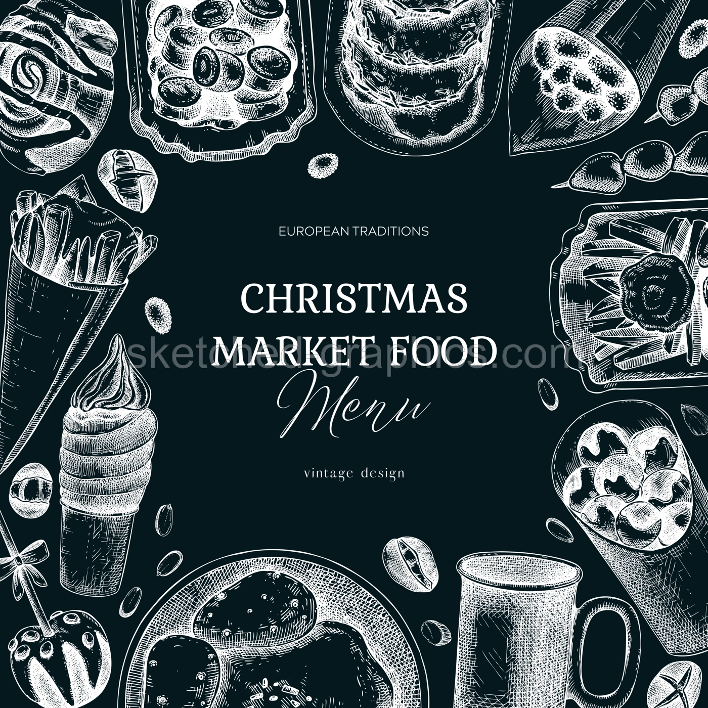 Christmas market food menu design. Hand-drawn vector illustration. Mulled wine, raclette, French fries, pastries, grilled sausages, pancakes sketches. European Christmas fair frame on chalkboard Illustration